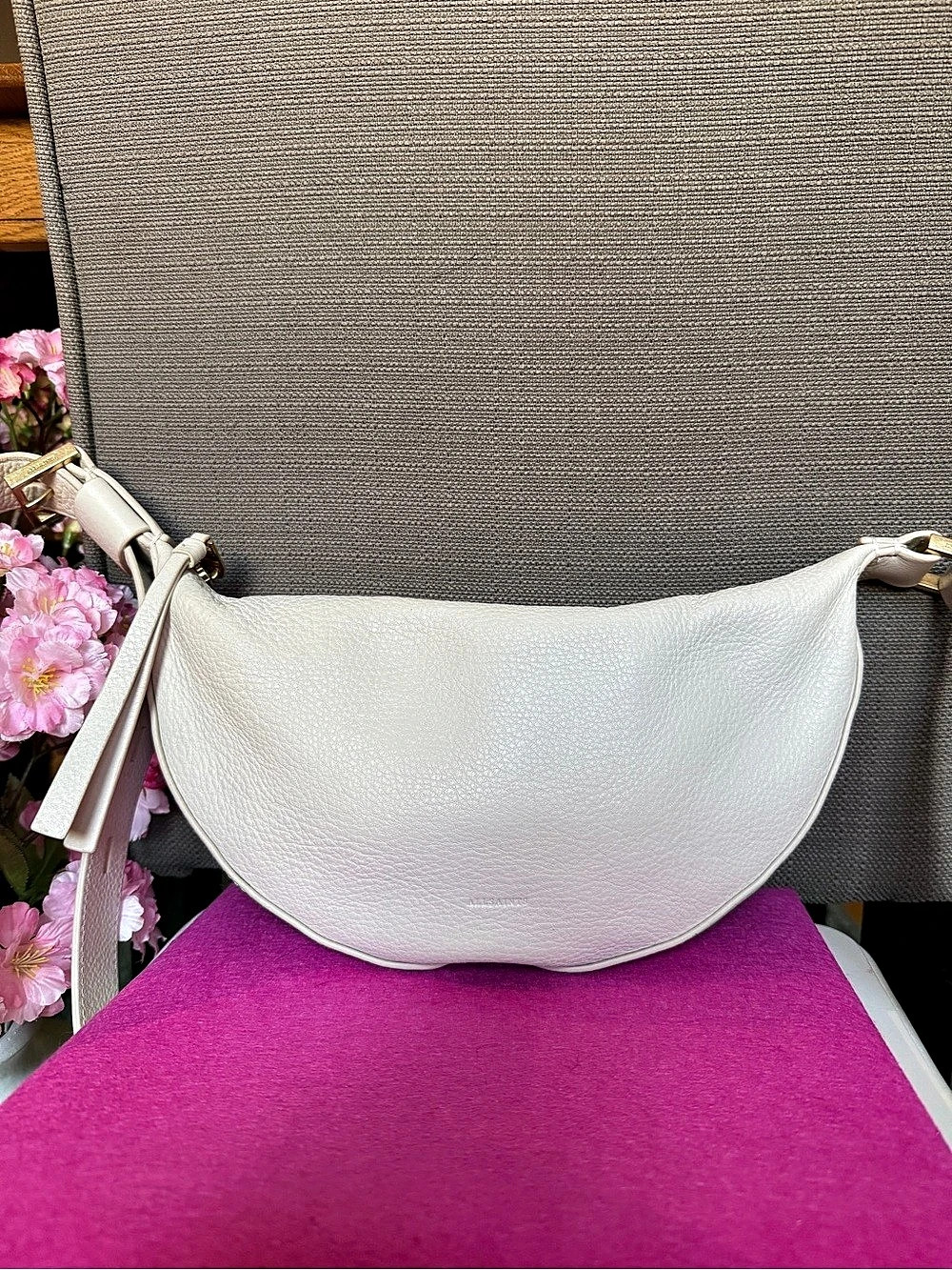 AllSaints Women's White Pebbled Leather Half Moon Crossbody / Shoulder Bag